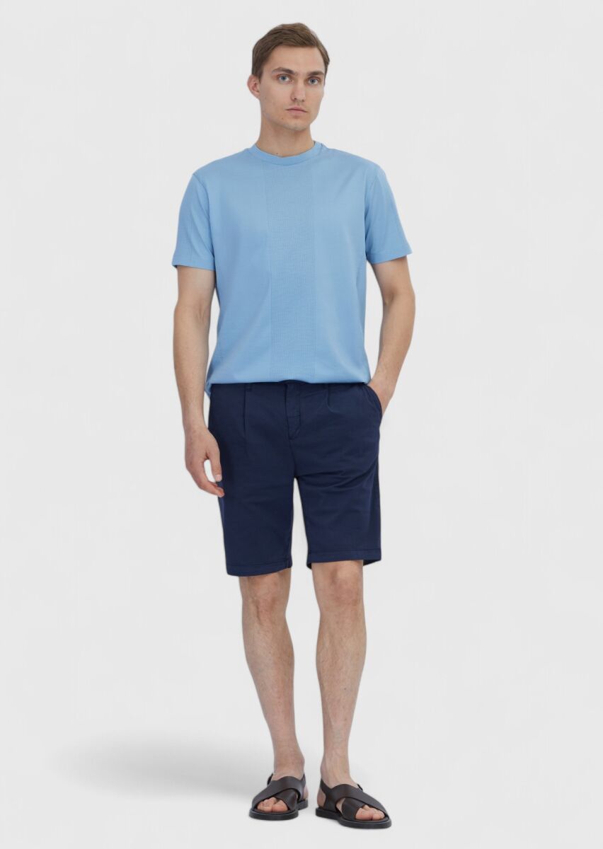 Light Blue Jacquard Crew Neck 100% Cotton T-Shirt - 2