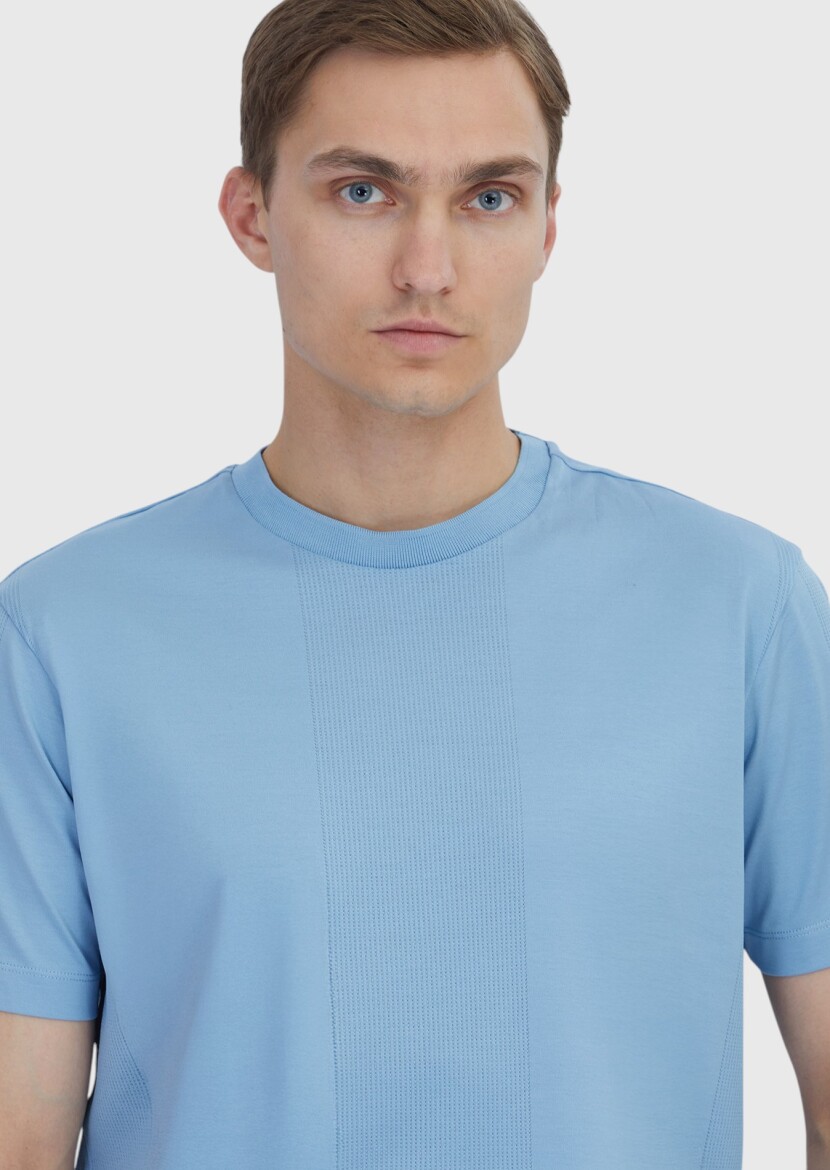 Light Blue Jacquard Crew Neck 100% Cotton T-Shirt - 3