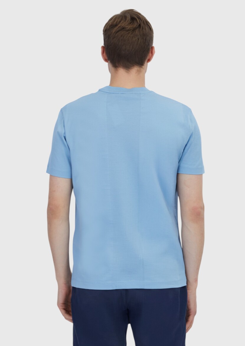 Light Blue Jacquard Crew Neck 100% Cotton T-Shirt - 5