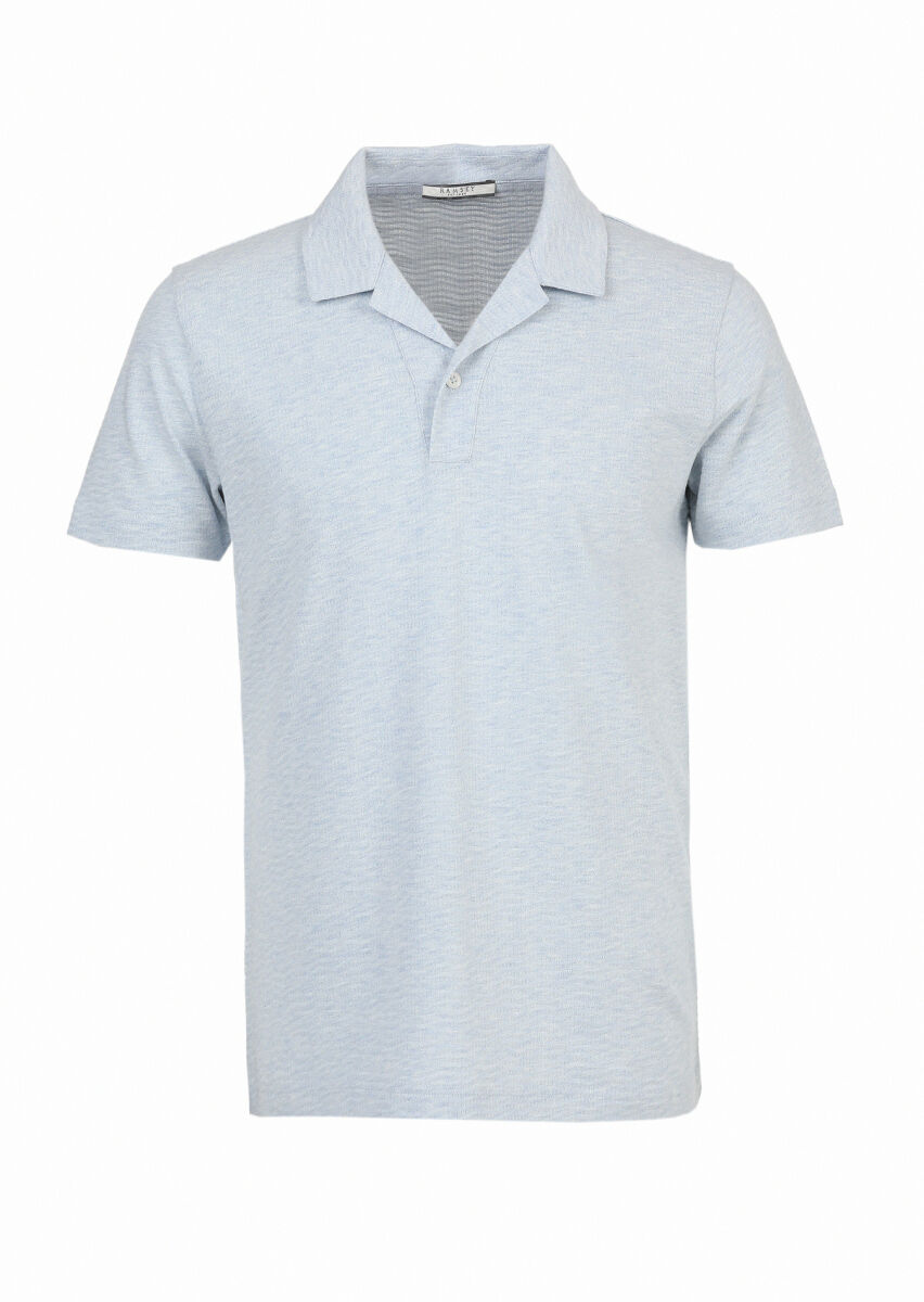 Light Blue Jacquard Cuban Collar 100% Cotton T-Shirt - 7