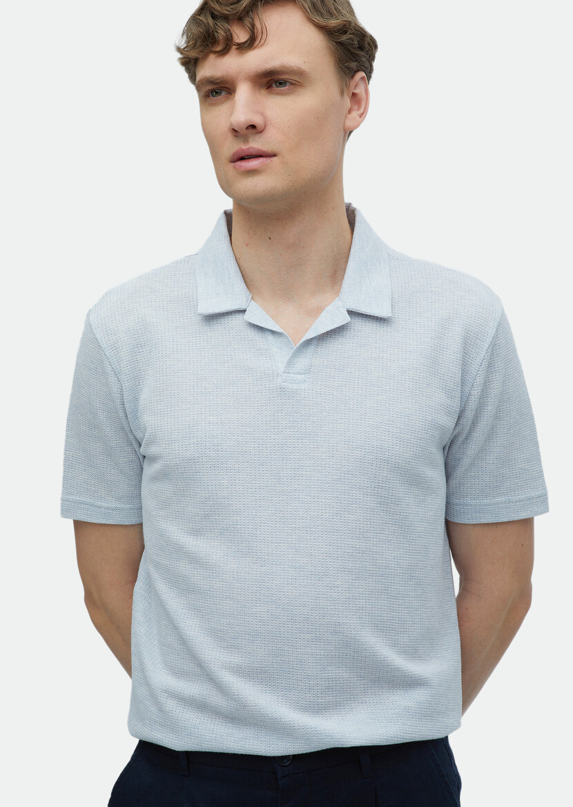 Light Blue Jacquard Polo Neck 100% Cotton T-Shirt 