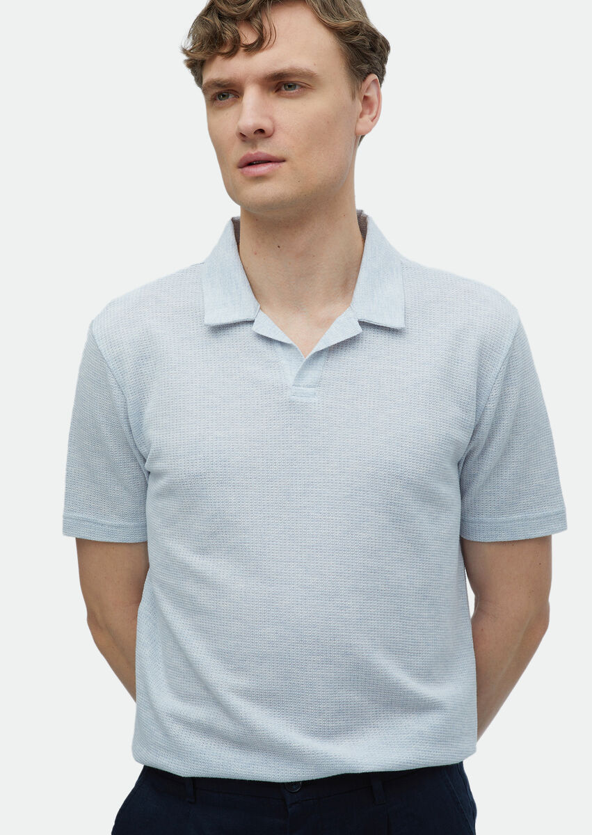 Light Blue Jacquard Polo Neck 100% Cotton T-Shirt - 1