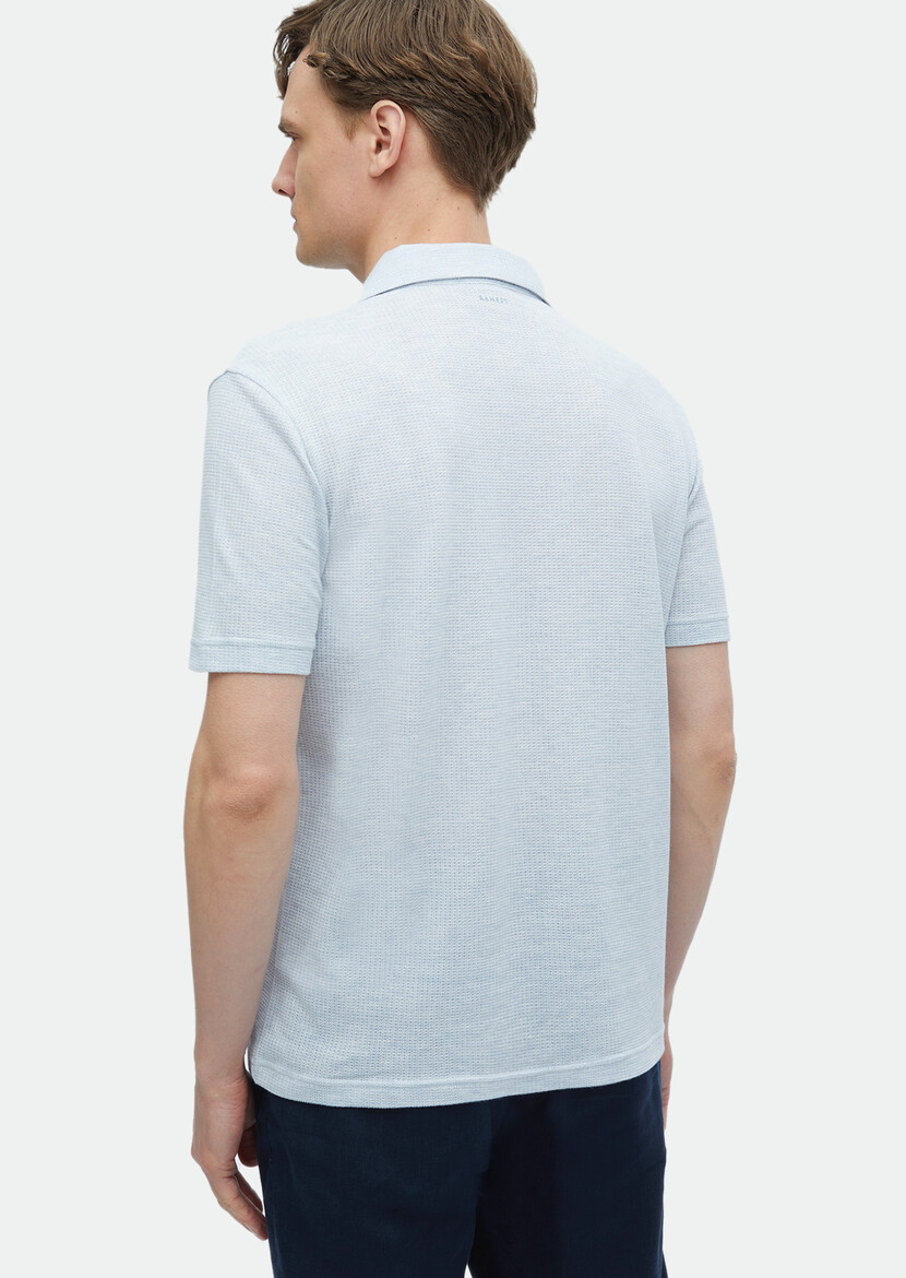 Light Blue Jacquard Polo Neck 100% Cotton T-Shirt - 6