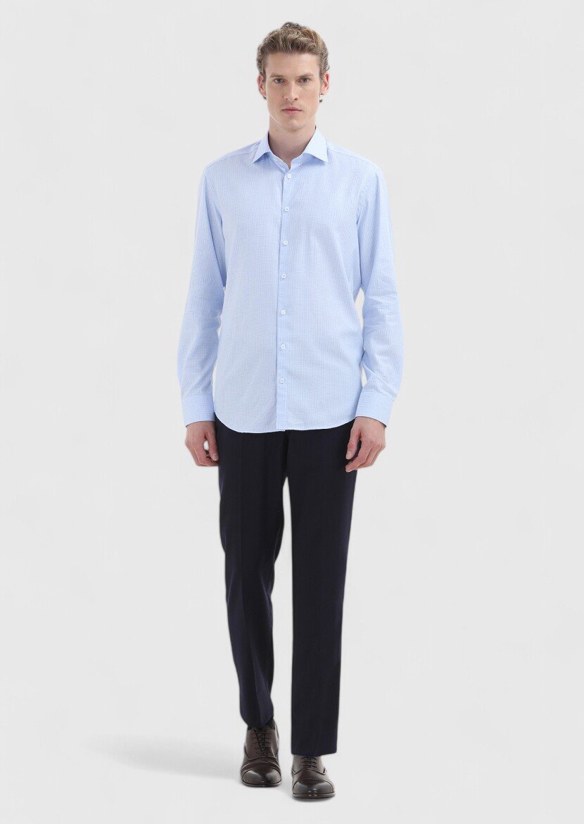 Light Blue Micro Regular Fit Weaving Classical 100% Cotton Shirt - 1