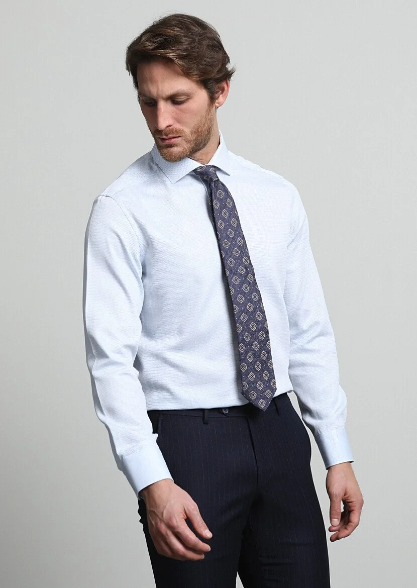 Light Blue Patterned Regular Fit Weaving Classical 100% Cotton Shirt - 1
