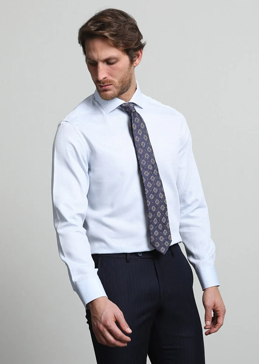 Light Blue Patterned Regular Fit Weaving Classical 100% Cotton Shirt - 1