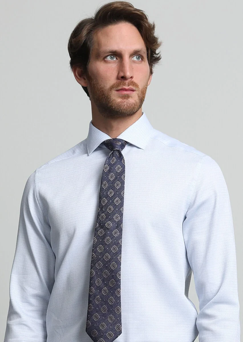 Light Blue Patterned Regular Fit Weaving Classical 100% Cotton Shirt - 3
