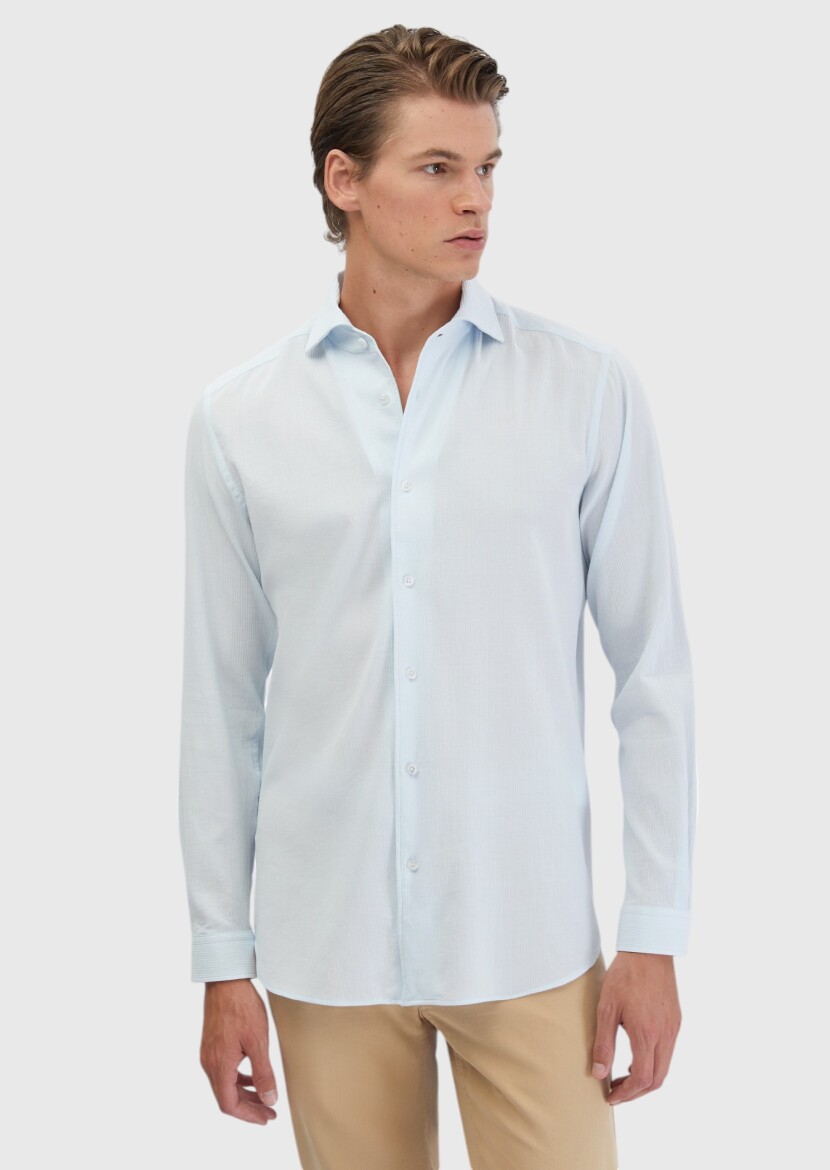 Light Blue Plain Casual Fit Long Weaving Casual 100% Cotton Shirt - 3