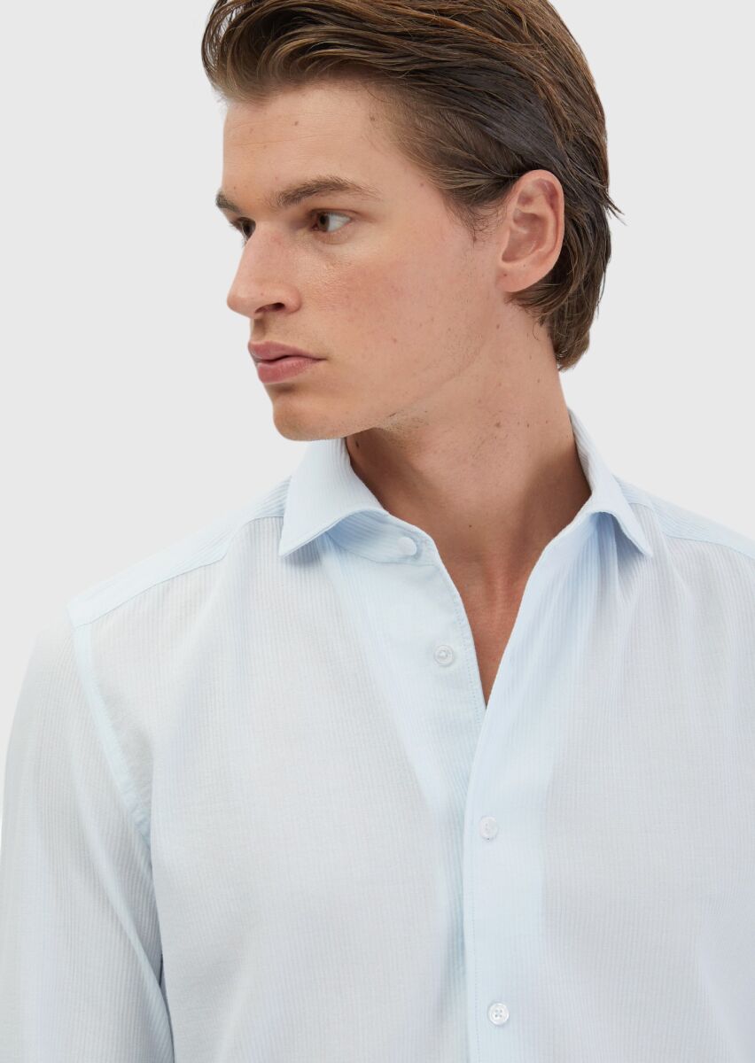 Light Blue Plain Casual Fit Long Weaving Casual 100% Cotton Shirt - 4