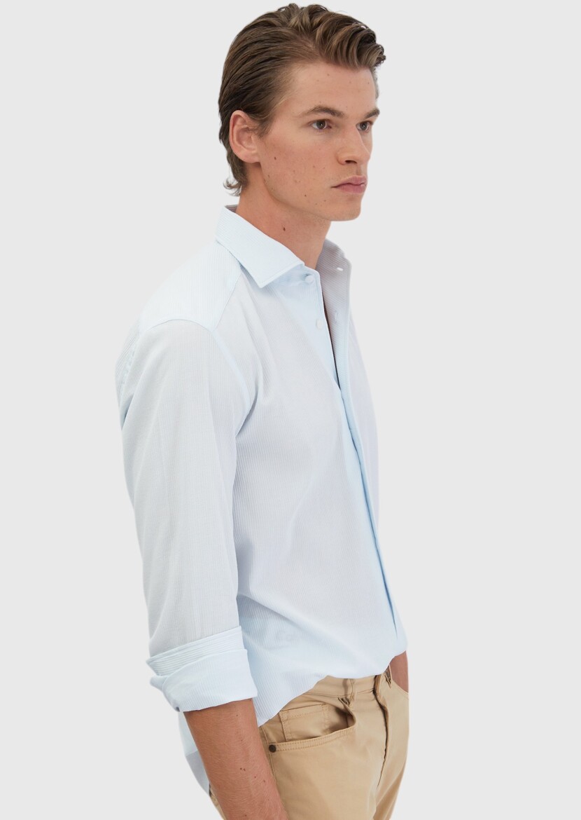 Light Blue Plain Casual Fit Long Weaving Casual 100% Cotton Shirt - 5