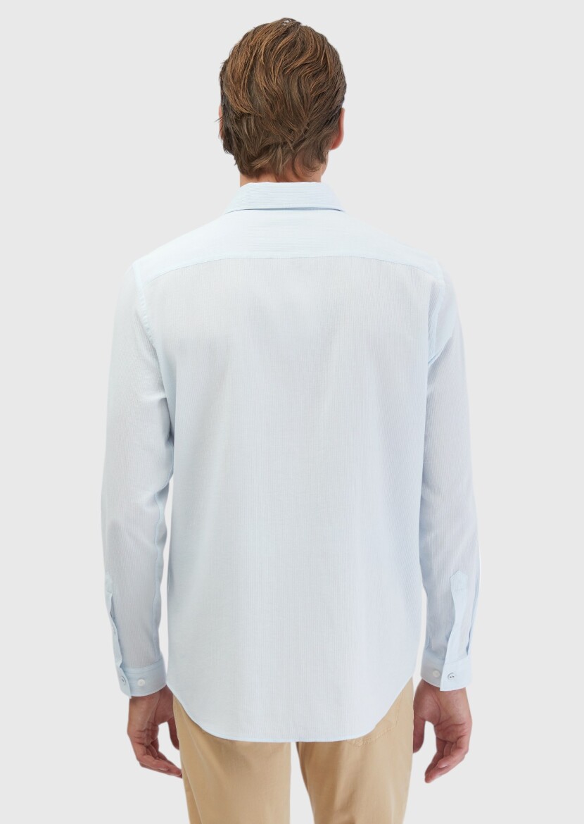 Light Blue Plain Casual Fit Long Weaving Casual 100% Cotton Shirt - 6