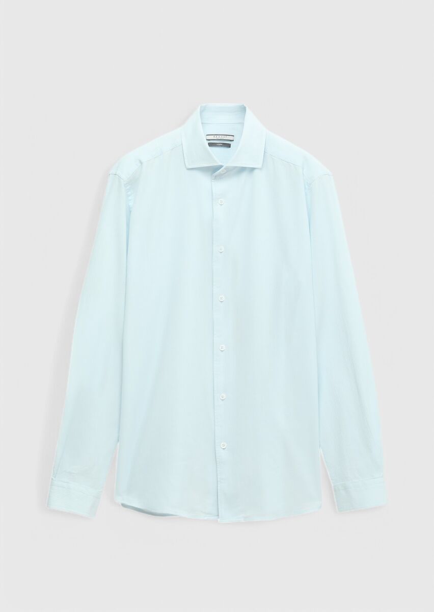 Light Blue Plain Casual Fit Long Weaving Casual 100% Cotton Shirt - 7