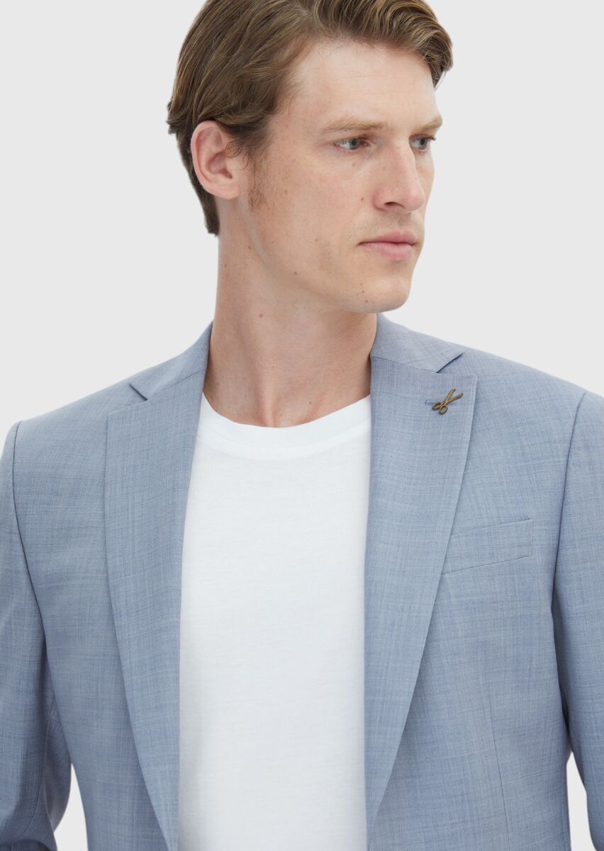 Light Blue Plain Modern Fit Wool Blended Suit - 3