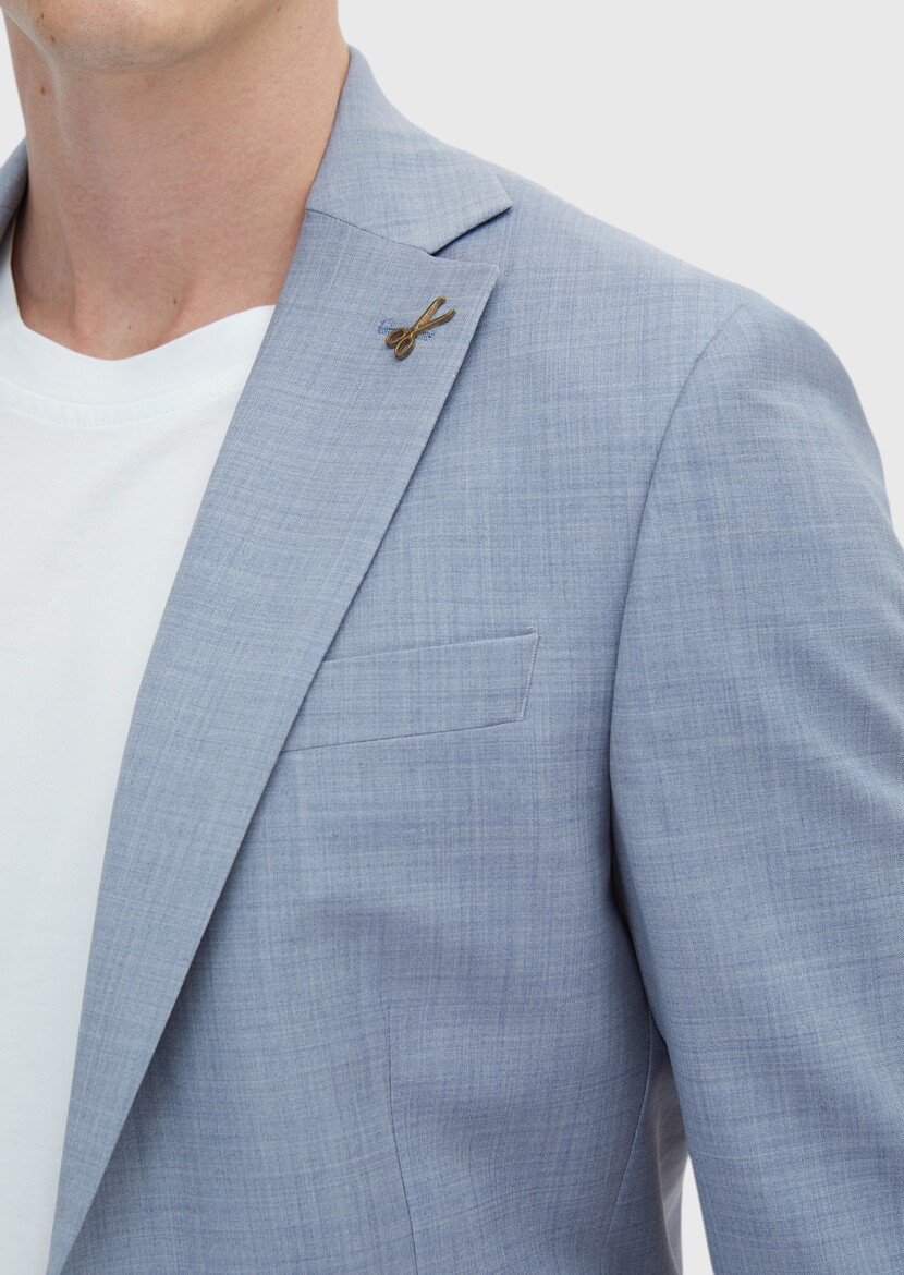 Light Blue Plain Modern Fit Wool Blended Suit - 4
