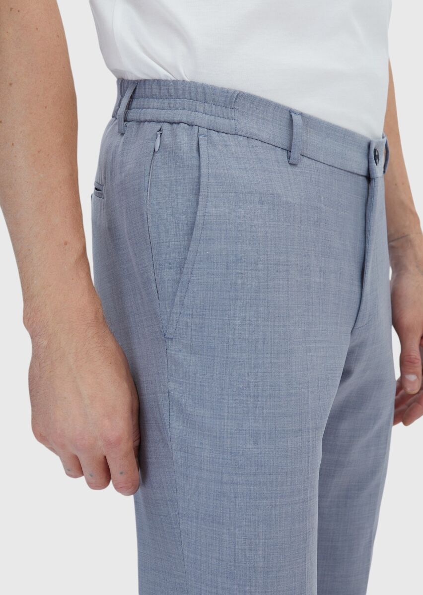 Light Blue Plain Modern Fit Wool Blended Suit - 5