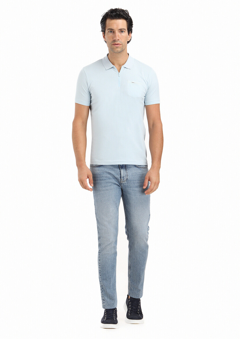 Light Blue Plain Polo Neck Cotton Blended T-Shirt - 1