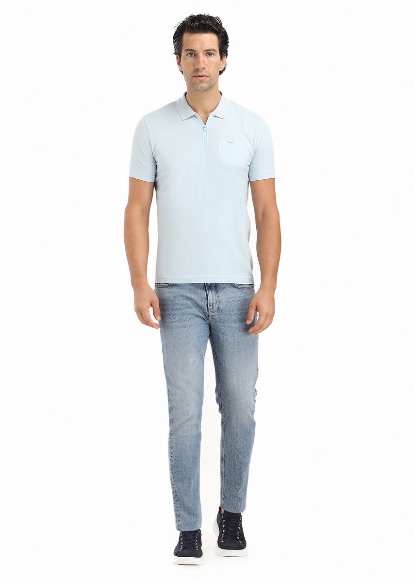 Light Blue Plain Polo Neck Cotton Blended T-Shirt - 1