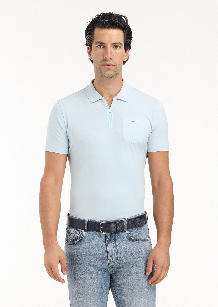 Light Blue Plain Polo Neck Cotton Blended T-Shirt - 2