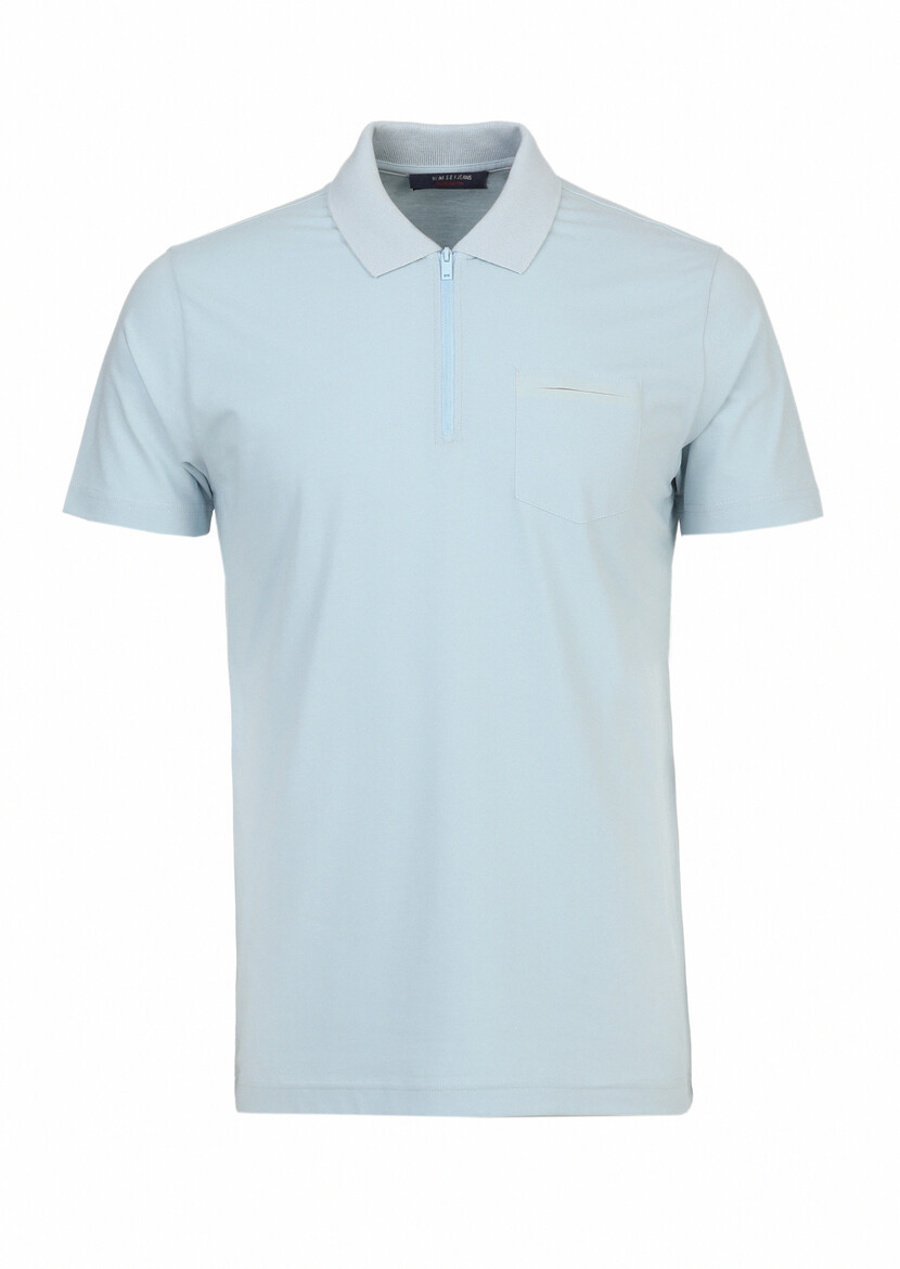 Light Blue Plain Polo Neck Cotton Blended T-Shirt - 6