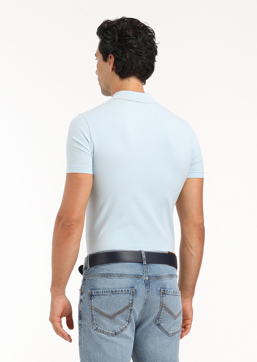 Light Blue Plain Polo Neck Cotton Blended T-Shirt - 5