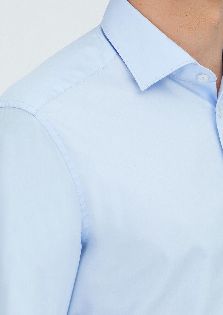Light Blue Plain Regular Fit Long Weaving Classical 100% Cotton Shirt - 3