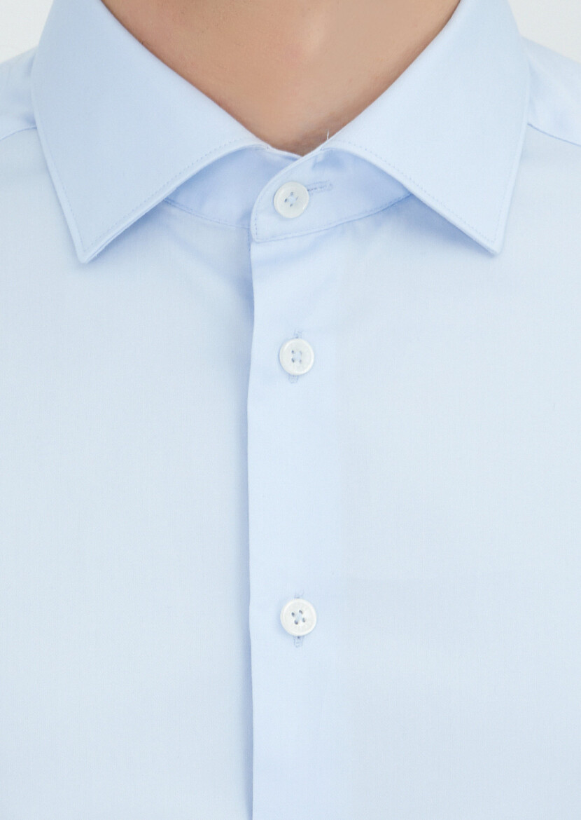 Light Blue Plain Regular Fit Long Weaving Classical 100% Cotton Shirt - 4