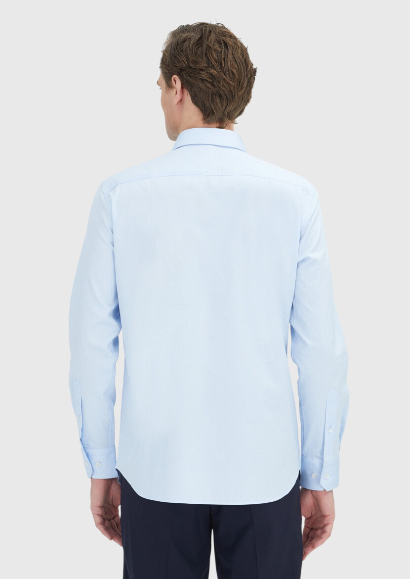 Light Blue Plain Regular Fit Long Weaving Classical 100% Cotton Shirt - 5