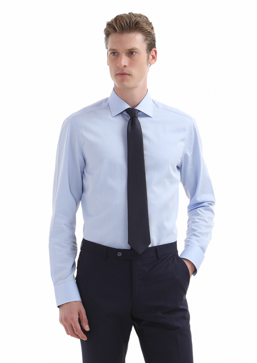 Light Blue Plain Regular Fit Long Weaving Classical 100% Cotton Shirt 