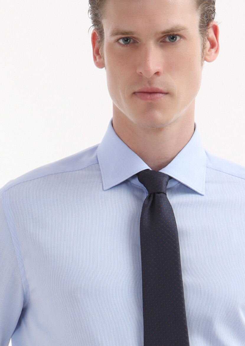 Light Blue Plain Regular Fit Long Weaving Classical 100% Cotton Shirt - 3