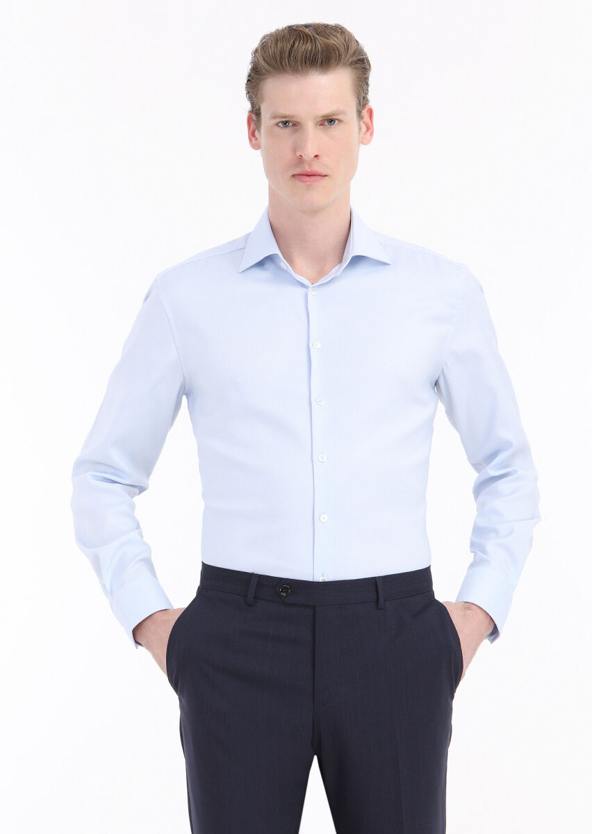 Light Blue Plain Regular Fit Long Weaving Classical 100% Cotton Shirt - 2