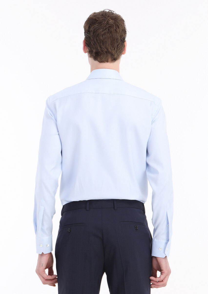 Light Blue Plain Regular Fit Long Weaving Classical 100% Cotton Shirt - 4