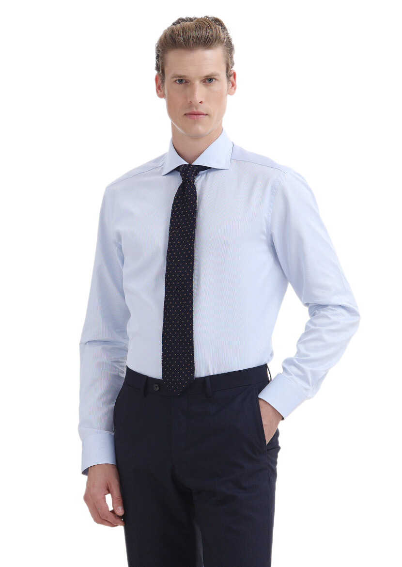 Light Blue Plain Regular Fit Long Weaving Classical 100% Cotton Shirt - 1