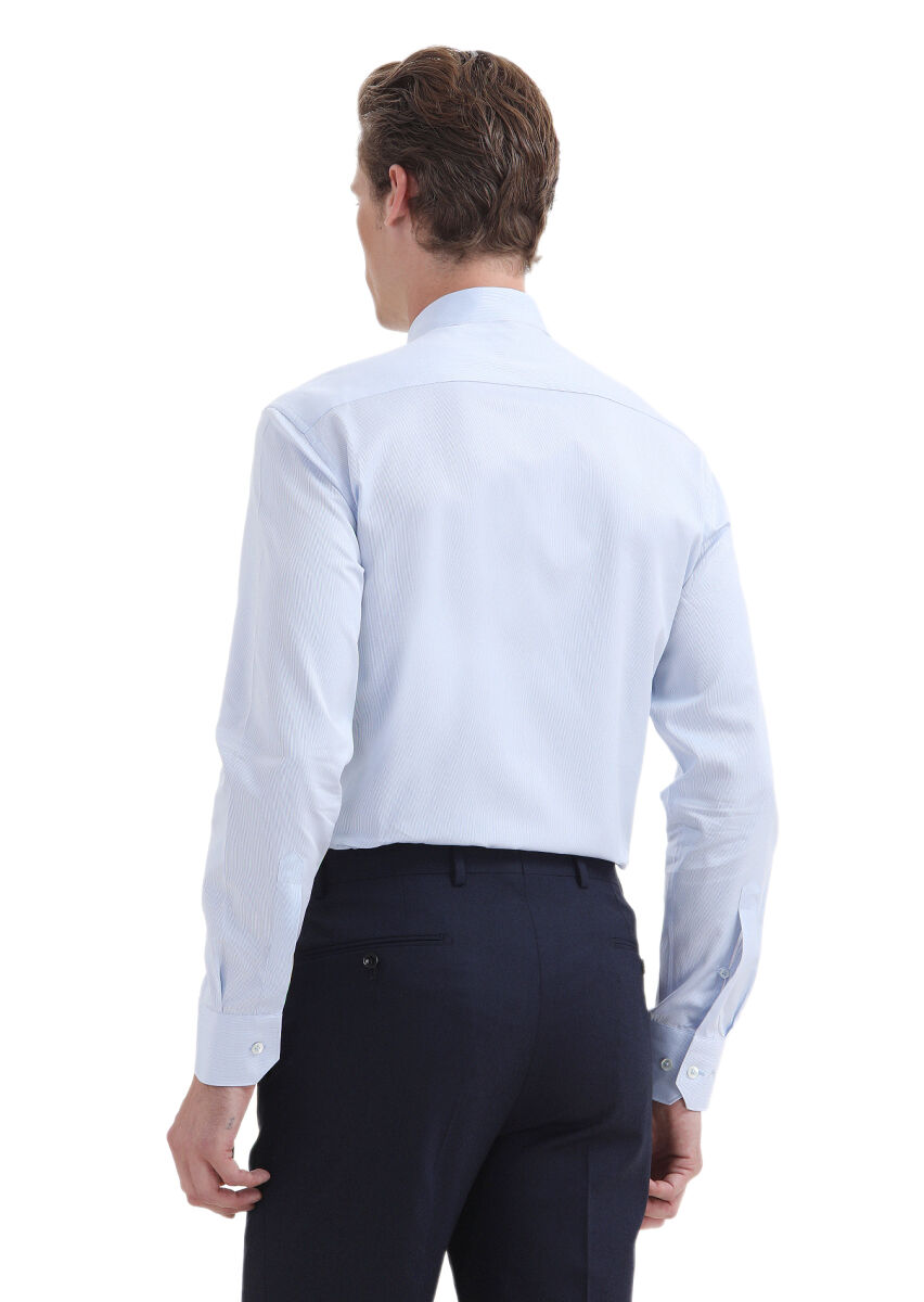 Light Blue Plain Regular Fit Long Weaving Classical 100% Cotton Shirt - 4