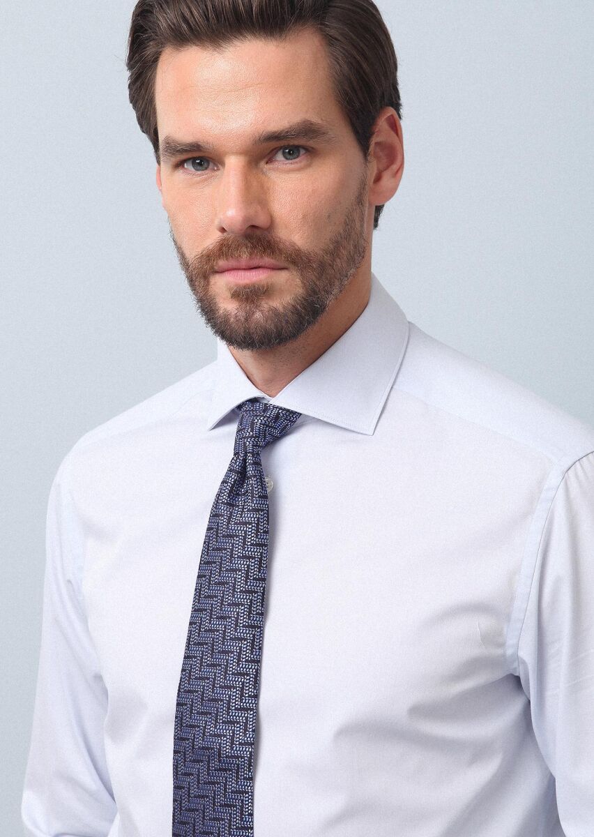 Light Blue Plain Regular Fit Long Weaving Classical Cotton Blended Shirt - 1