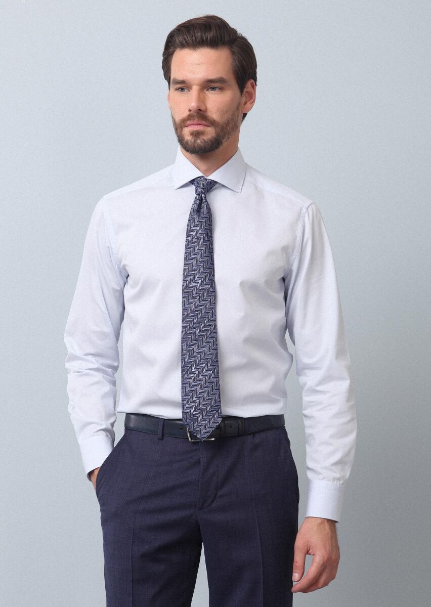 Light Blue Plain Regular Fit Long Weaving Classical Cotton Blended Shirt - 3