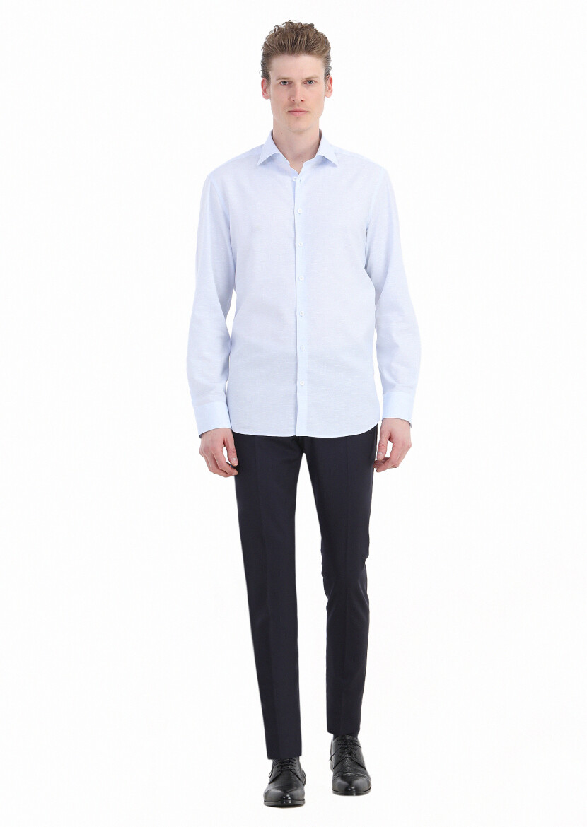 Light Blue Plain Regular Fit Long Weaving Classical Cotton Blended Shirt 