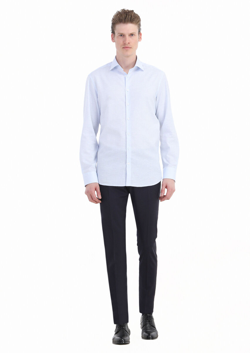 Light Blue Plain Regular Fit Long Weaving Classical Cotton Blended Shirt - 1