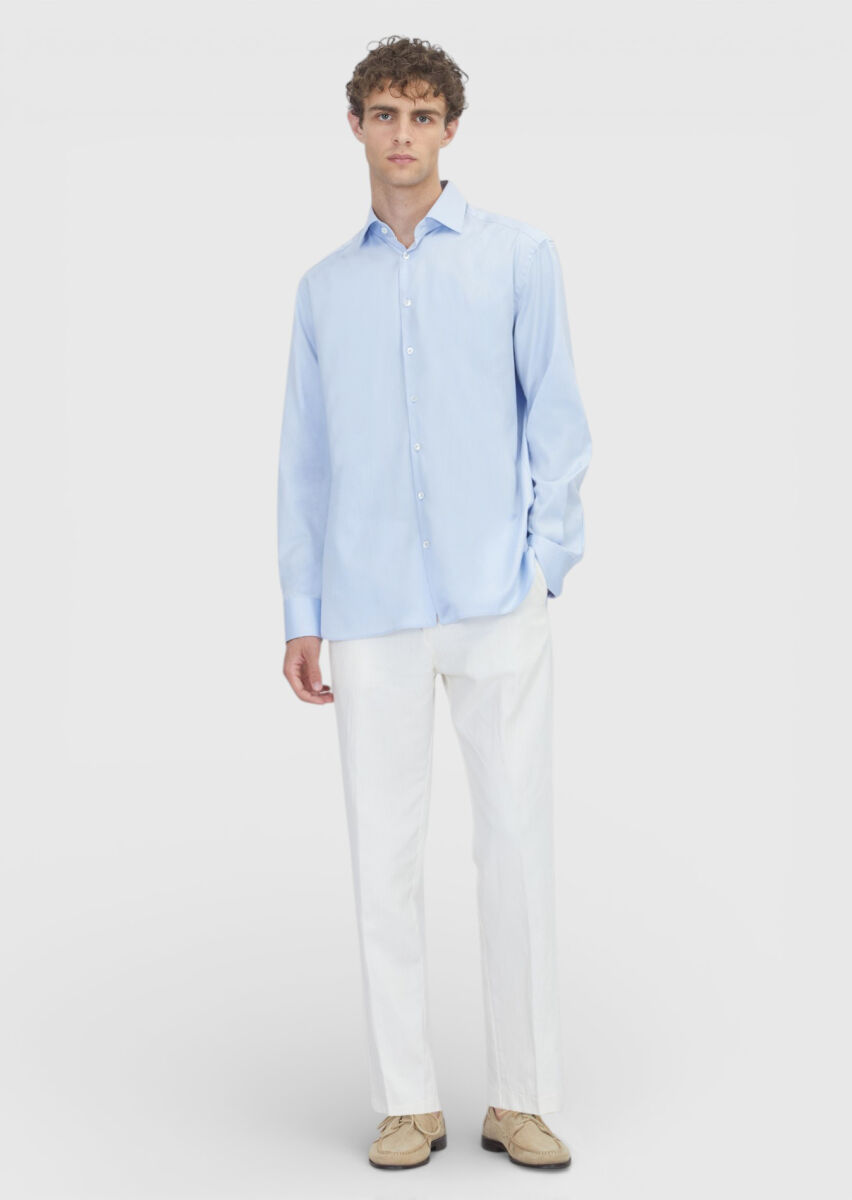 Light Blue Plain Regular Fit Non Iron Long Weaving Classical 100% Cotton Shirt - 2