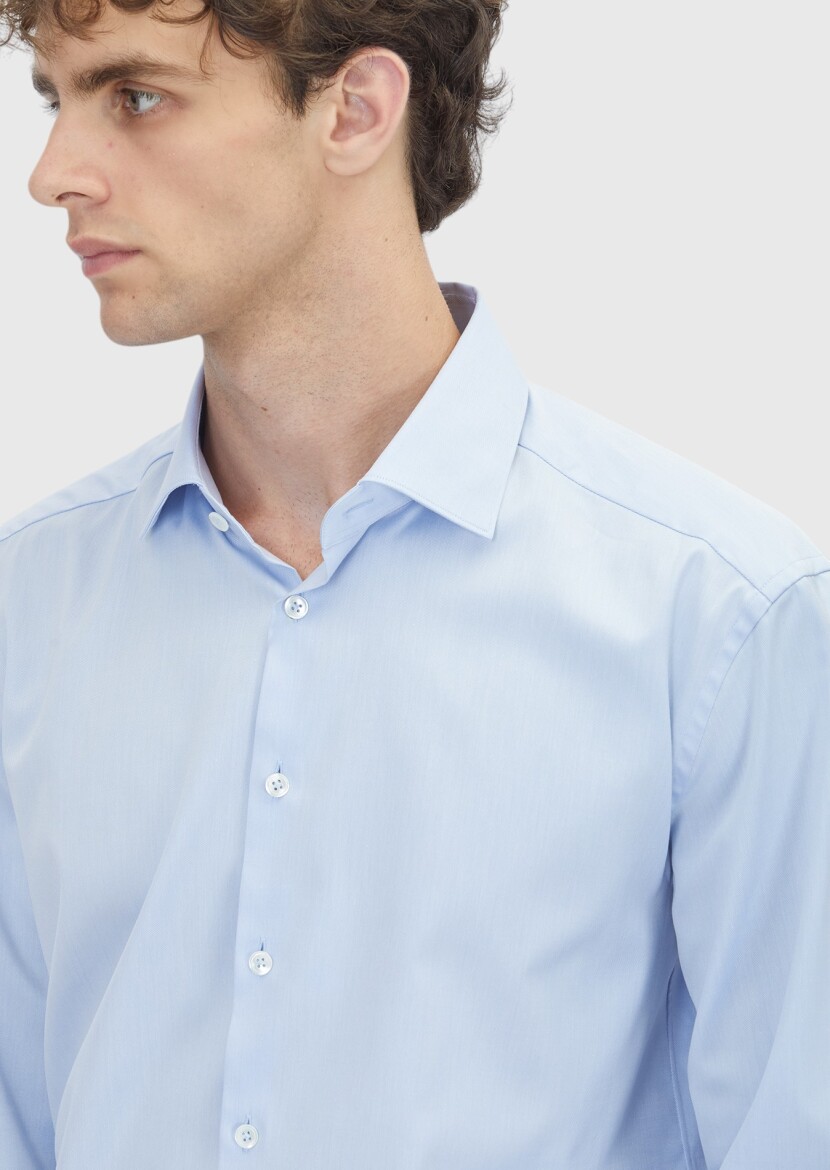 Light Blue Plain Regular Fit Non Iron Long Weaving Classical 100% Cotton Shirt - 3