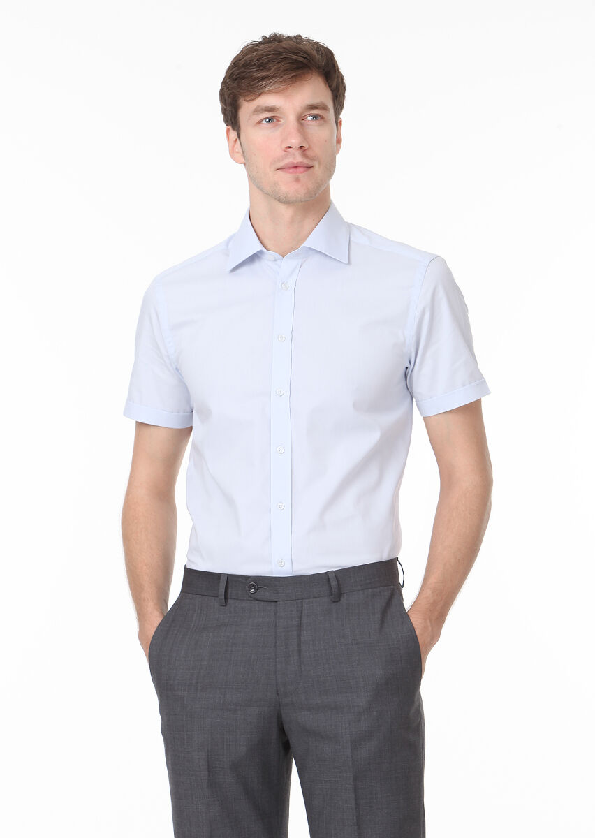 Light Blue Plain Regular Fit Short Weaving Classical Cotton Blended Shirt - 1