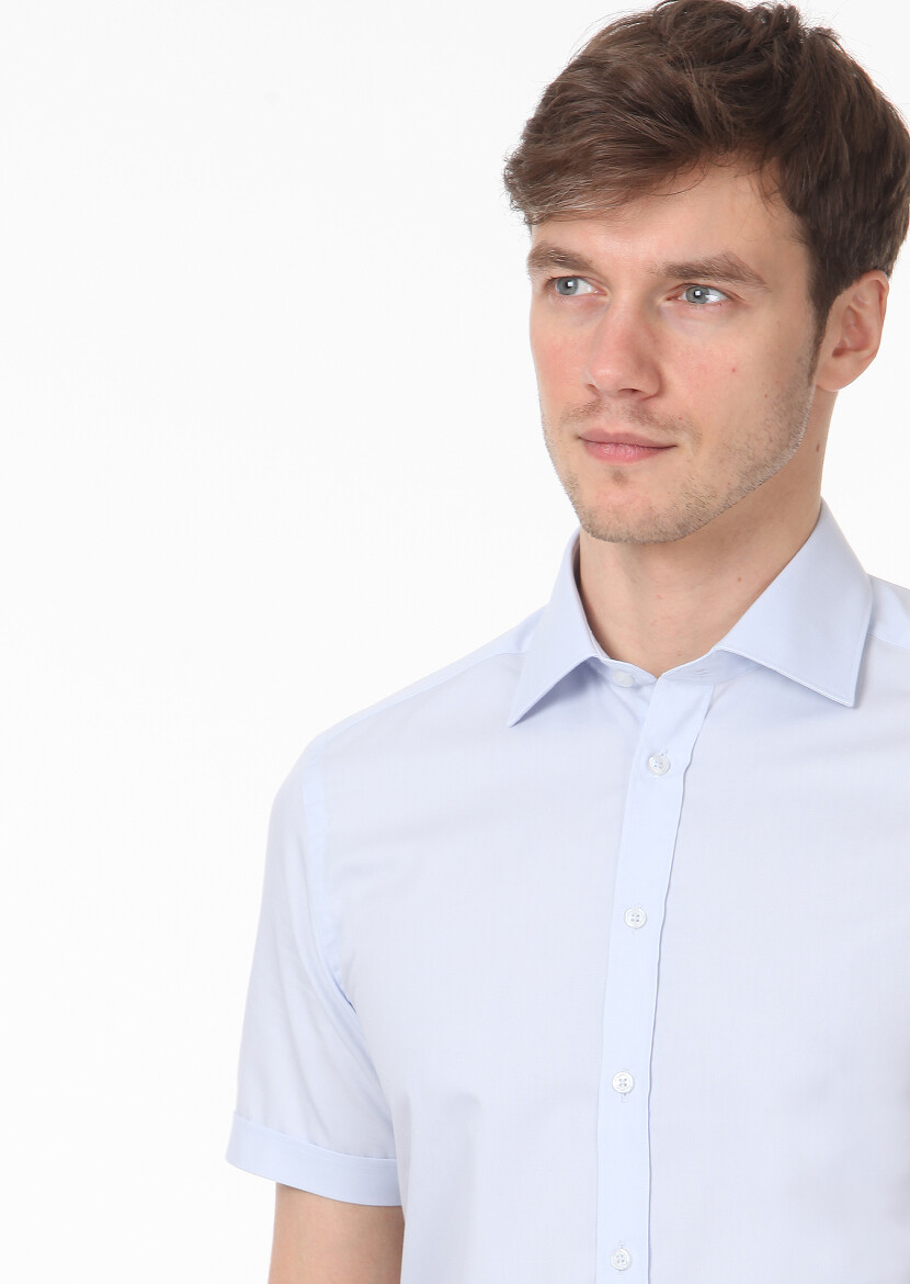 Light Blue Plain Regular Fit Short Weaving Classical Cotton Blended Shirt - 2