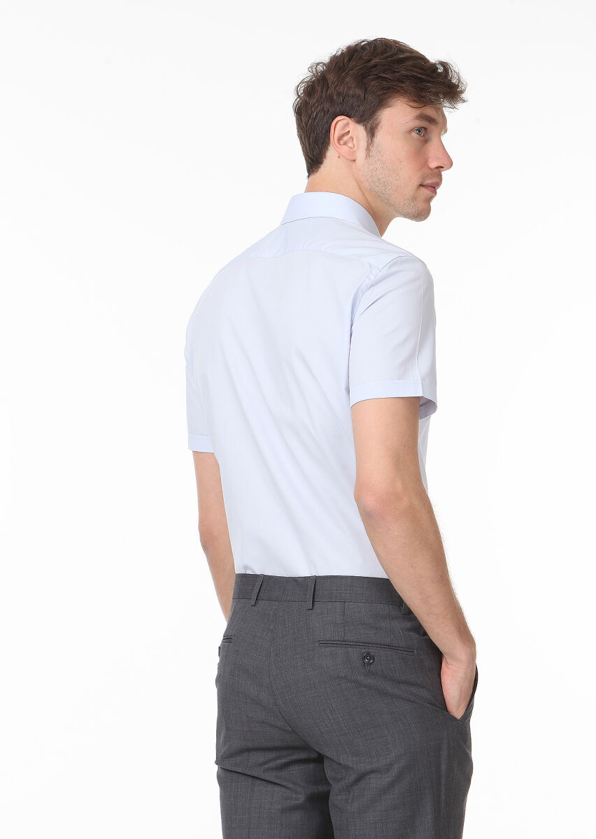 Light Blue Plain Regular Fit Short Weaving Classical Cotton Blended Shirt - 4