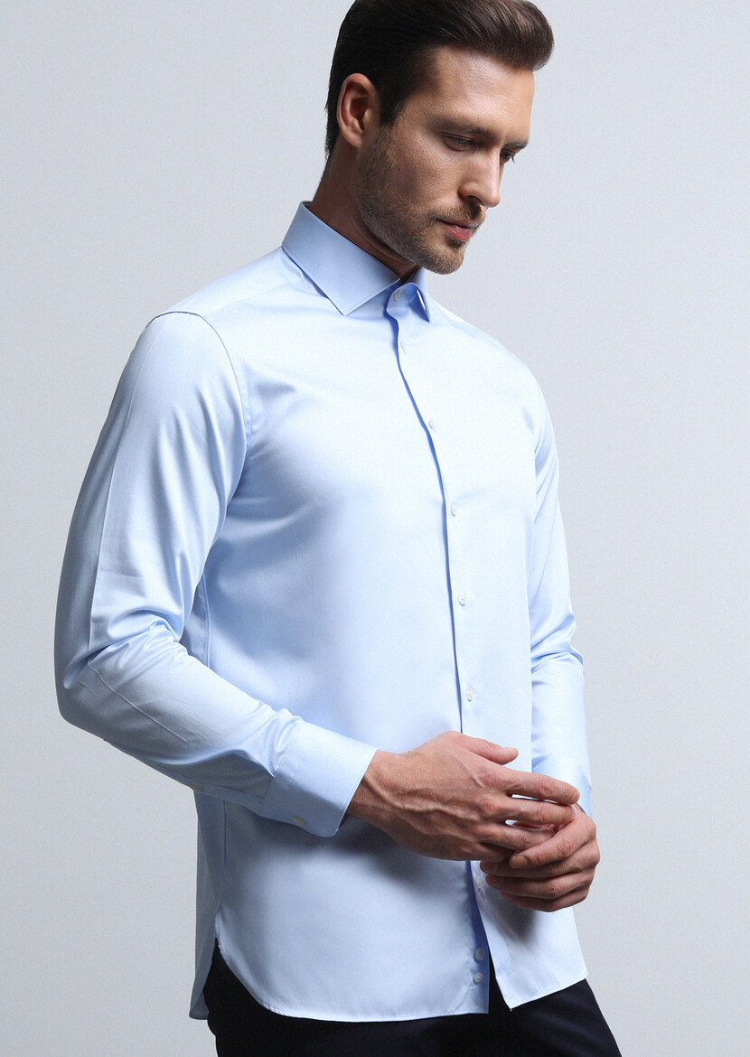 Light Blue Plain Regular Fit Weaving Classical 100% Cotton Shirt - 2