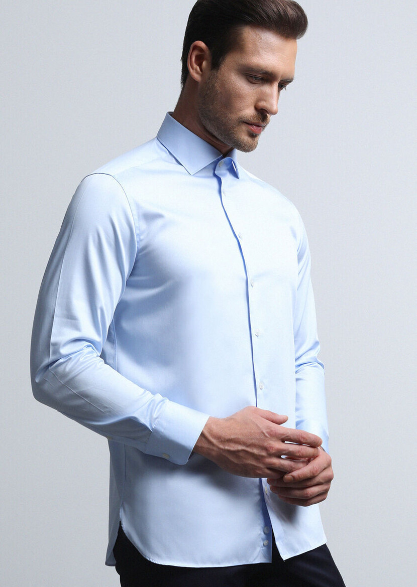 Light Blue Plain Regular Fit Weaving Classical 100% Cotton Shirt - 3