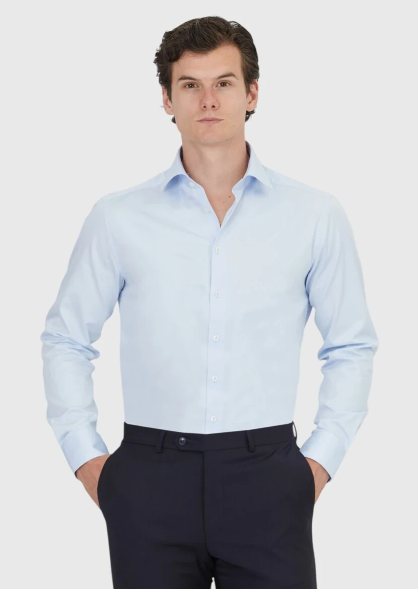 Light Blue Plain Regular Fit Weaving Classical 100% Cotton Shirt - 1