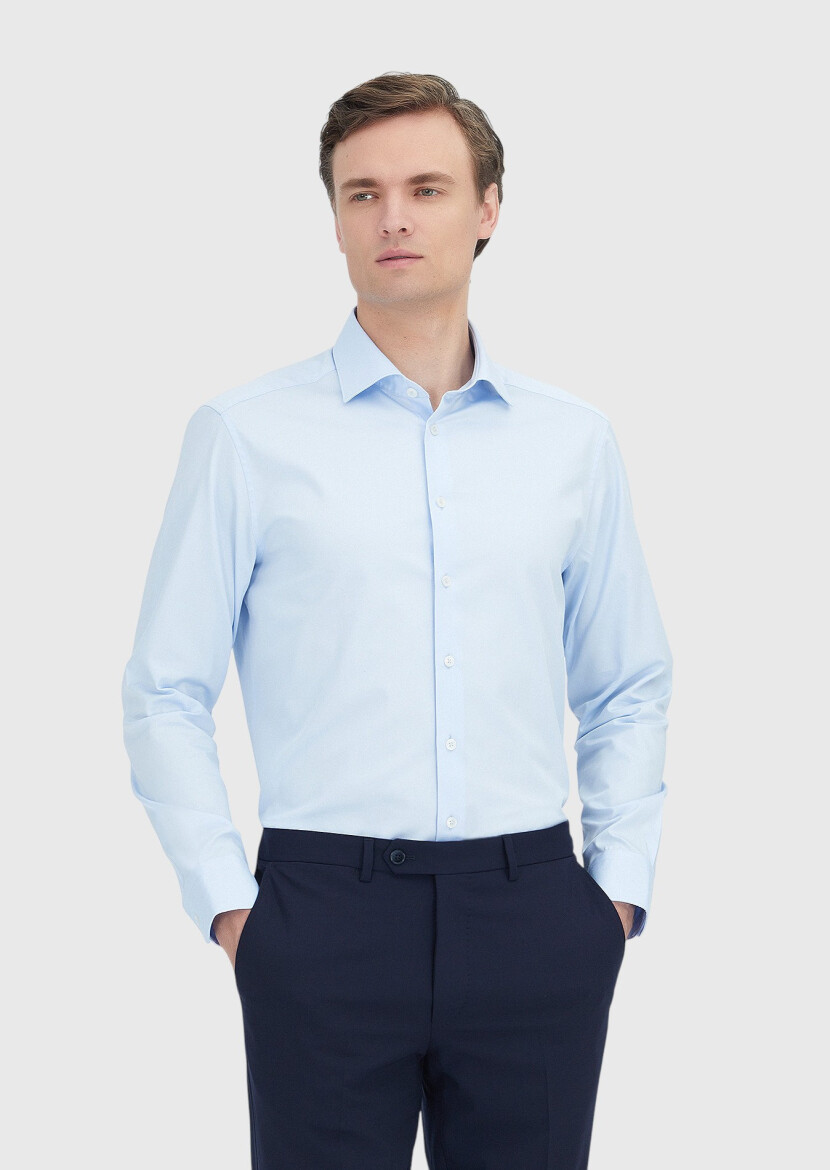 Light Blue Plain Regular Fit Weaving Classical 100% Cotton Shirt - 1