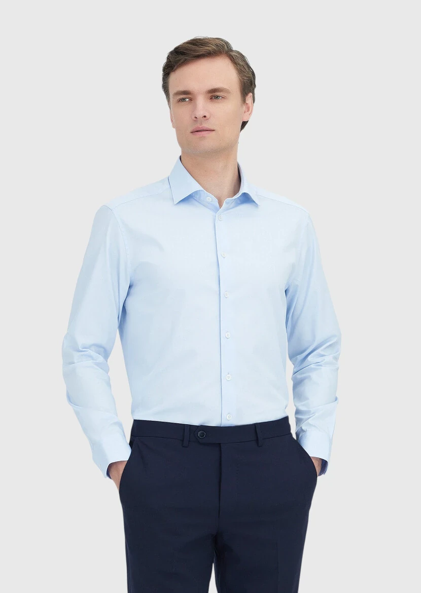 Light Blue Plain Regular Fit Weaving Classical 100% Cotton Shirt - RAMSEY