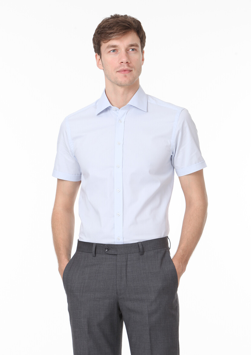 Light Blue Plain Regular Fit Weaving Classical Cotton Blended Shirt - RAMSEY