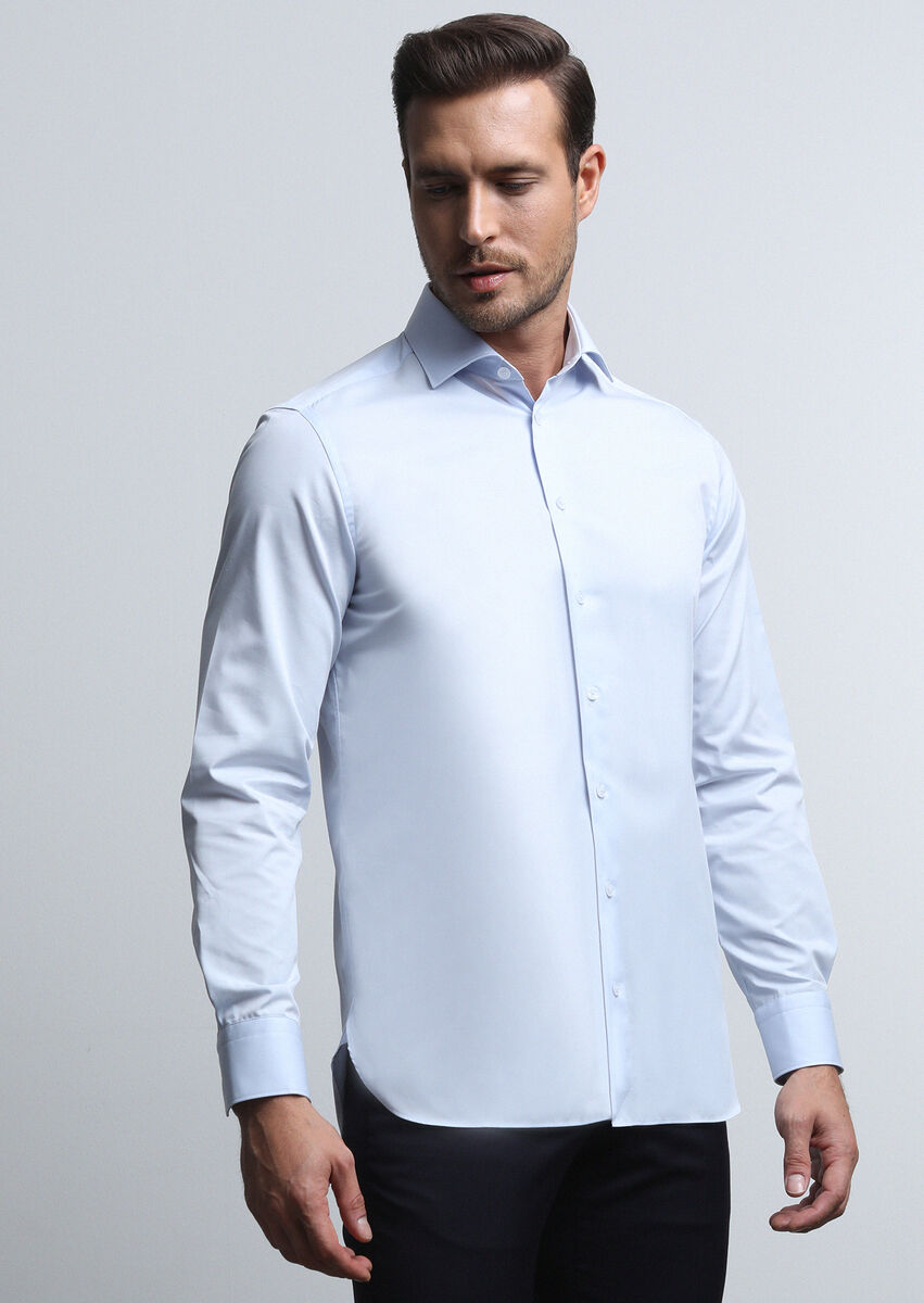 Light Blue Plain Regular Fit Weaving Classical Cotton Blended Shirt - 3