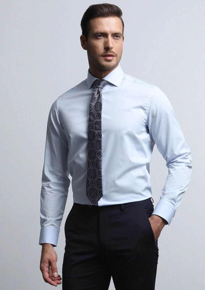 Light Blue Plain Regular Fit Weaving Classical Cotton Blended Shirt - RAMSEY